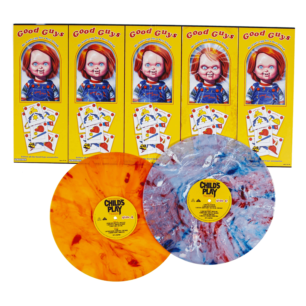 Child's Play (1988) - OST - 2XLP - Spread and “Chucky” Colored Vinyl (Disc 1 – Fire Orange w/ Blood Splatter. Disc 2 – Red, White, and Blue with Blood Swirl)